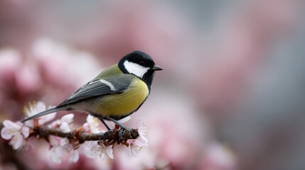 Naklejka premium Parus caeruleus, spring flowers, delicate branch