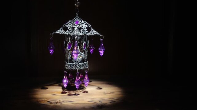 Captivating hanging Arabic lantern casts soft glow over rustic wood, symbolizing Ramadan traditions, inviting reflection and peace during holy month