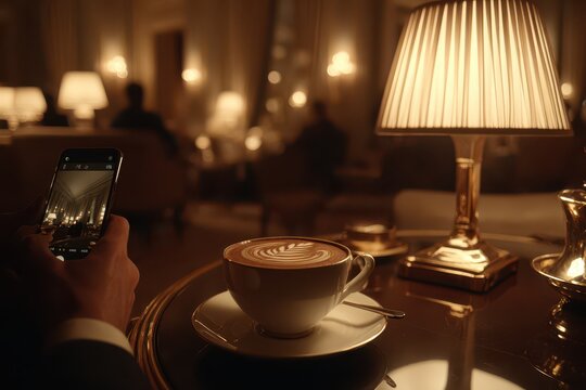 Taking photo of latte art in luxury cafe setting, using smartphone for social media, capturing moments, relaxation, warm lighting, and stylish ambiance.