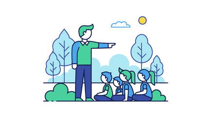 Flat line art illustration of a teacher with children on an outdoor nature lesson in a park.