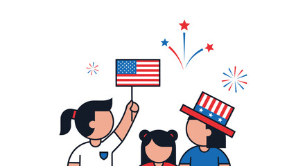 Diverse group of children celebrating with American flag and fireworks.