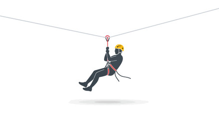 Zipline rider in a black suit and bright yellow helmet suspended from a cable on a white background.