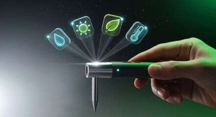 Hand holding a device projecting icons of water drop, sun, leaf, and thermometer, representing environmental monitoring and smart technology