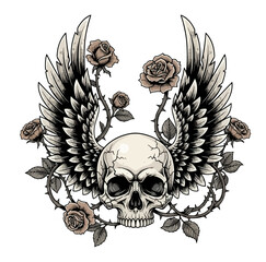 Detailed Skull Vector Illustration with Roses and Wings | Tattoo Style Dark Grunge T-Shirt Design | Editable EPS Artwork