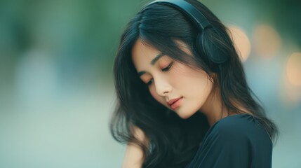 A beautiful young Asian woman enjoy listening to music with headphones, feeling happy and relaxed in the park