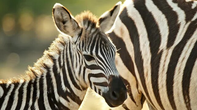 A close-up portrait of a young zebra standing next to an adult zebra in warm sunlight showcasing their distinctive black and white stripes