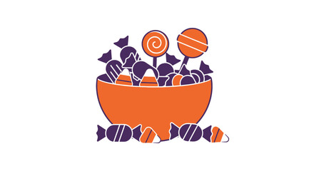 Orange Bowl Overflowing with Halloween Candy and Lollipops.