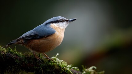 Bird on branch, Eurasian Nuthatch, green moss, close-up