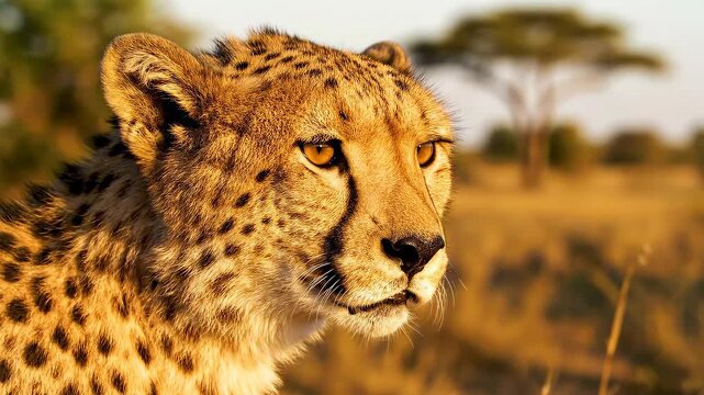 A close up portrait of a majestic cheetah with golden spots looking intently across the African savanna at sunset