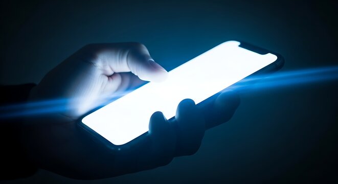 A person scrolling on a mobile device late at night in a dark room, the bright display illuminating their hand and causing a lens flare