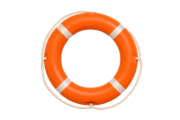 Orange lifebuoy with white stripes and rope for safety and rescue
