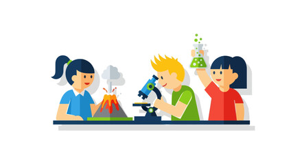 Children engaged in a science experiment with a volcano and microscope.