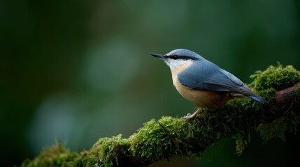 Eurasian Nuthatch bird perching on a mossy branch