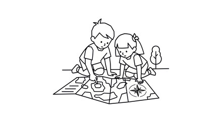 Two cartoon children a boy and a girl kneeling on the ground while studying a large adventure map.