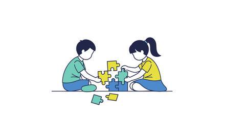 Children Assembling a Colorful Jigsaw Puzzle Together Illustrating Teamwork and Problem-Solving.