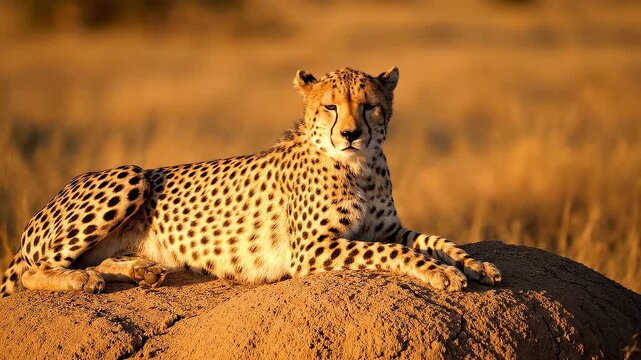 A graceful cheetah rests on a mound of earth bathed in warm golden sunlight on the African savanna