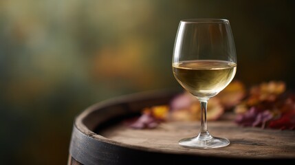 Naklejka premium Chilled white wine glass on old wooden barrel, scattered colorful leaves, warm glow, light autumn celebration.