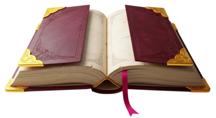 An open antique book with ornate gold corner protectors and a red ribbon bookmark isolated on transparent background