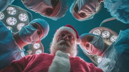 Low angle view of Santa Claus in a red costume standing under surgical lights, surrounded by masked surgeons in blue scrubs inside an operating room.