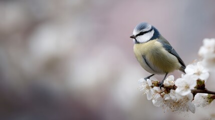 Naklejka premium Tiny blue tit, perched, blooming tree, nature