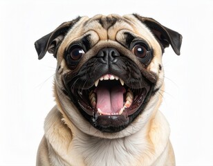 Pug dog making funny happy excited cheerful expression on a white background