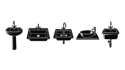 Plumbing Sink Icons Vector Set - Bathroom Kitchen Utility Basin Silhouettes