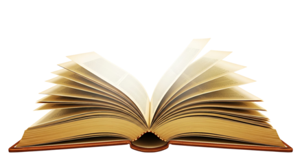 An open antique book with aged pages fluttering, isolated on transparent background