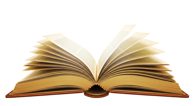 An open antique book with aged pages fluttering, isolated on transparent background