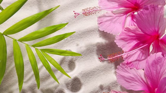 sandy landscape features hibiscus flowers and palm leaves, their shadows merging with water reflections, embodying relaxation ideals, motion