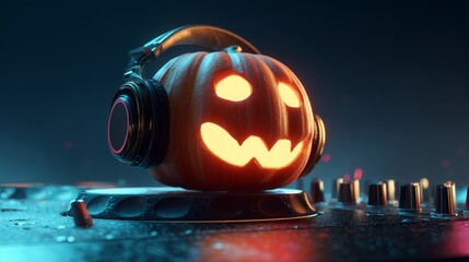 Haunted melodies: a pumpkin's journey into musical realms. Fashion beauty. Vibrant soundscape: halloween pumpkin dj deck with neon euphoria. Modern design. Clean retouch.