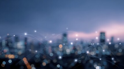 Smart city with intricate digital communication and internet networks. Emphasizes 5G wireless connectivity and the future of IoT.