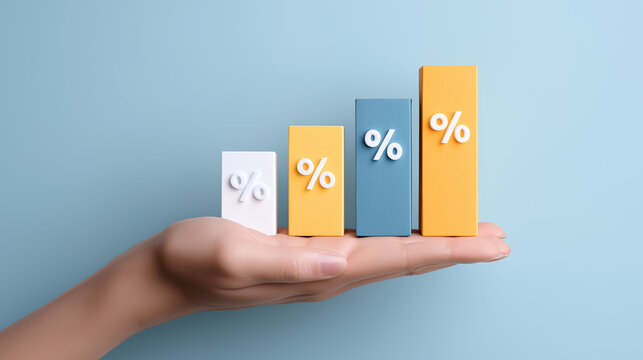 Hand holding graph with percentage for special shopping offers studio infographic minimalist concept