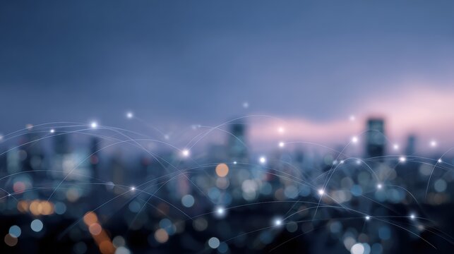 Smart city with intricate digital communication and internet networks. Emphasizes 5G wireless connectivity and the future of IoT.