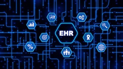 EHR, EMR, Electronic health record. Medical and technology concept. Business, Technology, Internet and network concept. 4k video black background - Powered by Adobe