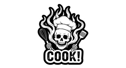 Spooky Skull Chef Cooking Flames Kitchen Utensils Creative Design