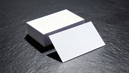 A single blank white business card leans against a stack of cards on a dark black slate surface, a mockup for designing and presenting brand identity.