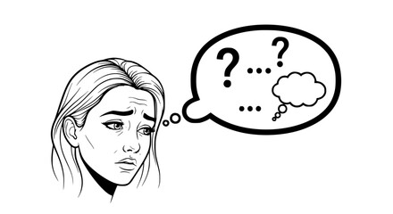 Confused Woman with Question Marks Thought Bubble