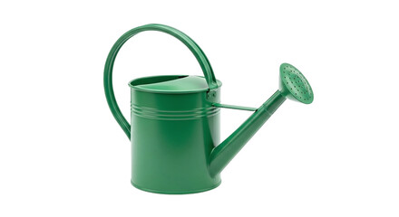 Green metal watering can, garden tool, isolated on transparent background