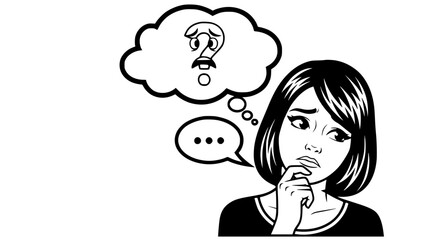 Young Woman Pondering With Question Mark Thought Bubble