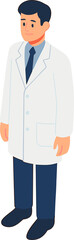 Flat illustration of a male dentist wearing a white lab coat and dark blue attire, representing professionalism and healthcare in a dental clinic setting.