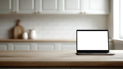 Wooden kitchen counter functioning as a home office, featuring an open laptop with a blank screen.