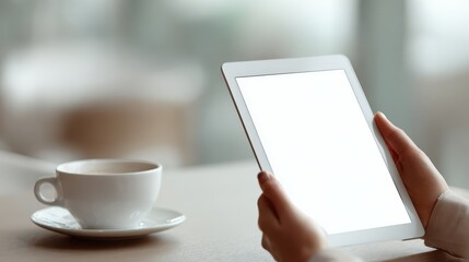Mockup image of a woman holding digital tablet with blank white desktop screen in cafe