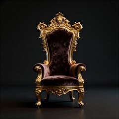 A vintage-style throne with ornate gold carvings and dark brown velvet upholstery features a high, imposing back, exuding a sense of power and formidable mystery.