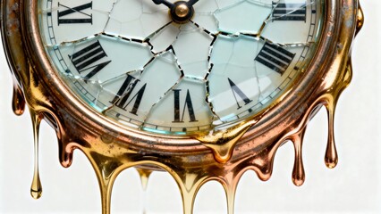 A close-up of an antique clock with a shattered glass face and its casing melting into golden liquid, a surreal image representing the distortion of time.