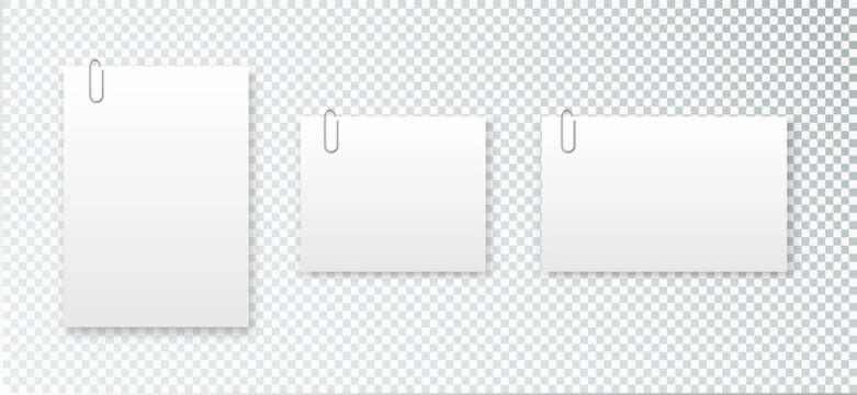 Blank paper sheet in A4 format on transparent background. Notebook page, document with steel paper clip. Vector