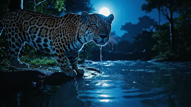 A majestic jaguar drinks from a moonlit river in a dark tropical forest at night