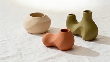 Three ceramic terracotta vases with organic shapes and earth-toned colors (cream, olive green, brick orange) are placed on a white linen cloth, giving a simple, warm, and natural feel.