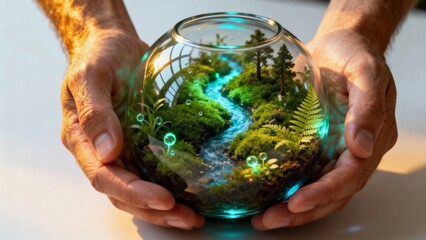Two hands gently hold a glass sphere containing a miniature ecosystem with a forest, a stream, and glowing bubbles, symbolizing nature conservation and the fragility of the environment.