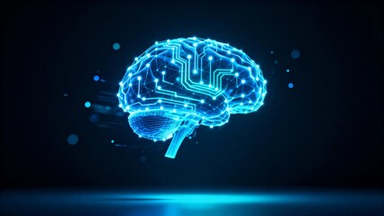 A 3D hologram of a human brain, illuminated in blue light, with interconnected electronic circuit patterns forming a network, representing artificial intelligence (AI) and data processing.