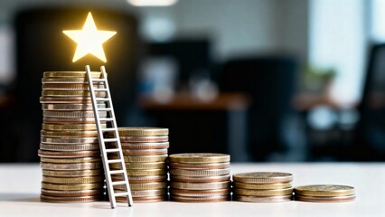 Stacks of coins arranged from low to high like a bar graph, with a ladder leading to a golden star at the highest point, symbolizing the achievement of financial goals and success.